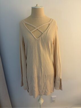 Free People - Cream Crisscross V-Neck Tunic Sweater - Small